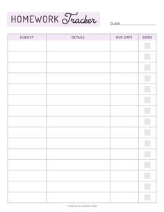 a printable homework tracker with the words homework tracker written in pink and black on it