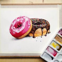 a painting of two doughnuts with chocolate and sprinkles on them