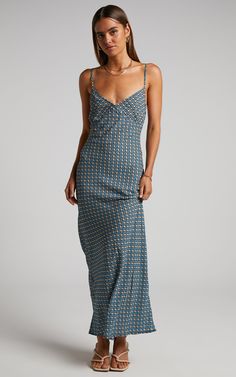 Brunita Midi Dress - V Neck Low Scoop Back Slip Dress in Tile Geo | Showpo USA Midi Slip Dress, Tile Print, Chunky Sneakers, European Fashion, Guest Dresses, Pretty Dresses, Fashion Inspo Outfits, Casual Dresses, Outfit Inspirations