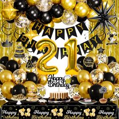 a happy 21st birthday party with balloons and streamers in gold, black and white