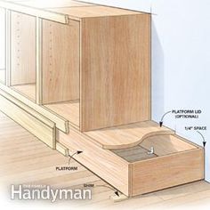 the drawer is open and labeled with instructions for how to put it in an unfinished cabinet