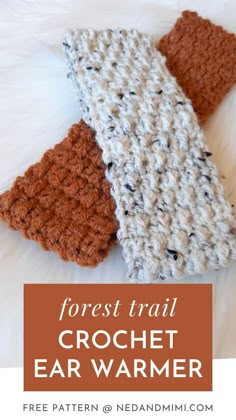 three crochet ear warmers with text overlay reading forest trail crochet ear warmer