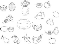 a bunch of fruit that are drawn in black and white on a white paper background