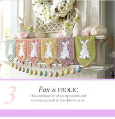 an easter bunting banner with white flowers in the background