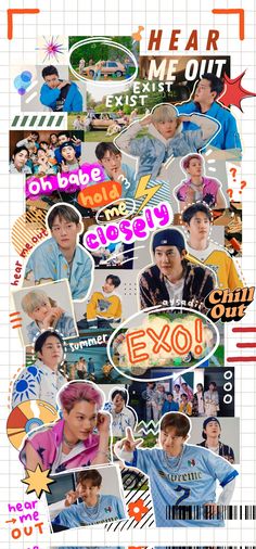 the collage has many different images and words on it, including one that says exo