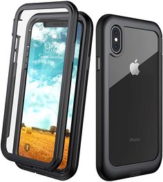 an iphone case is open to show the back and side view, with clear screen protector