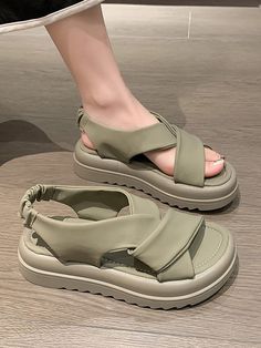 Olive Green  Collar     Embellished   Women Shoes Soft Sole Slippers, Comfort Shoes Women, Fur Shoes, Womens Sandals Summer, Low Heel Shoes, Leather Slippers, Platform Wedge Sandals, Comfortable Sandals, Slingback Sandal