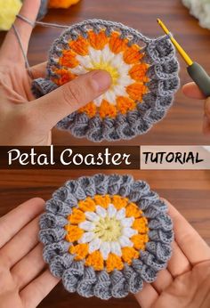 crochet petal coaster is shown in two different pictures, one with an orange and white flower on it