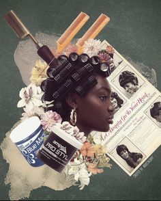 a woman's head is surrounded by hair products