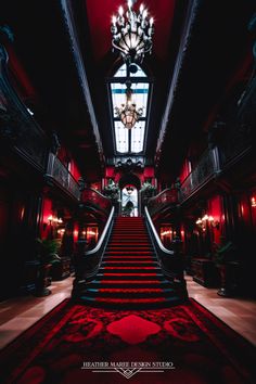 a red carpeted staircase leading up to a chandelier in a dark room