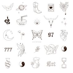 Tattoo ideas: fairy wings, long horn skull, sparkle tattoo, cowboy boot tattoo, yin yang, moon tattoo Sticker Tattoo Ideas, 2001 Tattoo, Flash Tattoo Ideas, Mini Tattoo Ideas, Tattoo Font Styles, Fineline Tattoos, Celestial Tattoo, Bff Tattoos