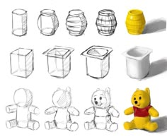 some drawings of winnie the pooh and other items to be used in this project