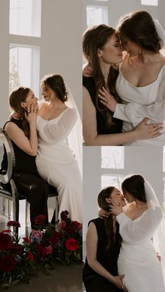 two women in wedding dresses kissing each other