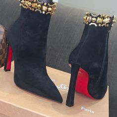 Red Bottom Red Bottom Boots, Christian Louboutin Boots, Studded Ankle Boots, Brown Leather Heels, Red Bottom, Stiletto Boots, Black Ankle Booties, Red Bottoms, Shoes Booties