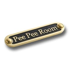 a gold and black sign that says pee pee room on it's back end