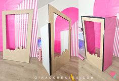 three different views of a pink and white striped room with cardboard cutouts on the walls