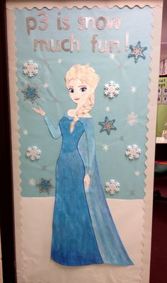 a frozen princess poster is hanging on the wall in front of a classroom door that says,