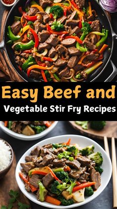 an easy beef and vegetable stir fry recipe in a skillet