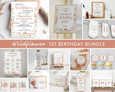 a collage of photos with flowers and birthday cards on them, including the first birthday bundle