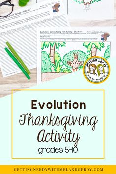 the thanksgiving activity for children to practice their writing skills with text overlay that reads evolution thanksgiving activity grade 5 - 6