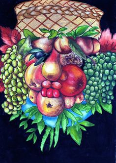 a painting of fruit and vegetables on a plate