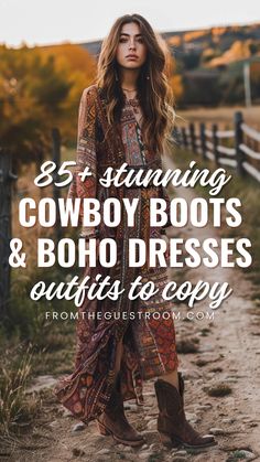 a woman wears a boho dress and cowboy boots, western outfits Western Long Sleeve Dress, Freebird Boots With Dress, Outfits With Freebird Shoes, Cowboy Hat Outfit Fall, Boho Maxi Dress With Boots, Country Style Outfits Women Dress, Western Boho Dresses For Women, Western Boots With Tights, Western Hobo Outfits