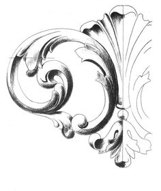 a drawing of an ornate design with swirls and leaves on the side of a wall