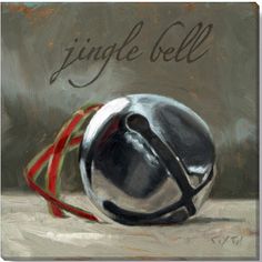 a painting of a silver bell with a red ribbon around it