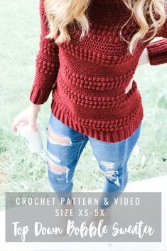 a woman wearing a red sweater and ripped jeans with the words crochet pattern & video on it