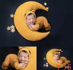 a baby is sleeping on the moon with his head tucked under his hands and wearing a yellow knitted hat