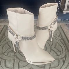 Stunning Cream, Stiletto Boots With Silver Chain Accents 4 Inch Heel 1 Inch Platform Very Sexy Can Be Worn For Date Night Or With Business Attire Like A Boss. Grey High Heels, Beige Ankle Boots, Jennifer Lopez Shoes, Cutout Heels, Nike Fashion Shoes, Fantastic Shoes, Country Concert, Wedge Ankle Boots, Stiletto Boots