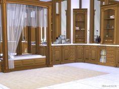 a large kitchen with wooden cabinets and white tile flooring