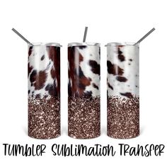 three tumblers with brown and white spots on them, one has straws in it