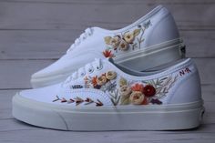 Embroidered Wedding Shoes | Hand embroidery on Vans Authentic in your choice of color. This listing includes one pair of Vans Authentic, which we order retail from Vans, in the color and size of your choice, with custom hand embroidery to order. Step One: Please choose a color Vans Authentic from the variation menu. (Color of main/first picture is True White) Step Two: Choose your Embroidery option: One side, or Two Side.  Step Three: In the personalization section, please indicate your shoe size (default is US women's). Please also include the colors you would like in your embroidery design.  Need inspiration?? Follow AfterAugustCo on Instagram - the most complete and constantly updating repository of our work! Please message us prior to ordering with any questions regarding your embroide Wedding Vans, Embroidered Vans, Vans Authentic Shoes, Custom Vans Shoes, Embroidered Shoes, Embroidery On Clothes, Embroidered Wedding, Personalized Embroidery, Custom Vans