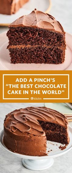 a piece of chocolate cake on a plate with the words add a pinchy's the best chocolate cake in the world