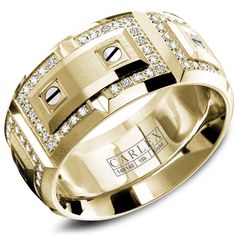 A contemporary and bold yellow gold CARLEX encrusted with 112 diamonds features four plates and eight original swiss screws is crafted to impress. Cool Rings For Men, Engagement Rings Couple, Mens Diamond Wedding Bands, Gents Ring, Cool Wedding Rings, Pearl Jewels, Luxury Rings, White Gold Engagement Rings, Size 10 Rings