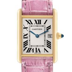 Cartier Tank Louis Yellow Gold Pink Strap Mens Watch W1529756 Box Card. Quartz movement. 18k yellow gold case 25.0 x 33.0 mm. Circular grained crown set with a blue sapphire cabochon. . Scratch-resistant mineral crystal. Silvered opaline dial with black radial Roman numeral hour markers and an inner minute track. Sword-shaped blue hands. Date calendar at 3 o'clock aperture. Secret Cartier signature at VII. Bright pink leather strap with 18K yellow gold tang buckle. Cartier Formal Watches With Date Display, Rectangular Yellow Gold Watch Accessory For Anniversary, Cartier Rectangular Dial Watch With Date Display, Cartier Watch With Rectangular Dial And Date Display, Cartier Watches With Date Display And Rectangular Dial, Luxury Cartier Watch With Date Display, Cartier Rectangular Watch Accessories For Anniversary, Elegant Cartier Watch With Date Display, Gold Rectangular Cartier Watch