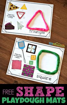 two pictures with the words shape and playdough mats on them, one has a triangle