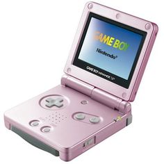 a pink gameboy is open to show the screen and its buttons are on display