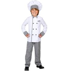 a little boy dressed in a chef's outfit and hat standing with his hands on his hips