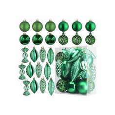 green christmas ornaments are arranged on a white background