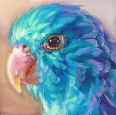 a painting of a blue parrot's face with feathers on its head and beak