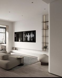 a modern living room with white furniture and large windows overlooking the cityscape in black and white