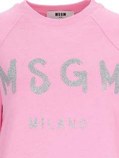 MSGM logo crewneck sweatshirt in pink cotton with glitter logo print on the front, ribbed trim, and straight hem. Composition: 100% Cotton Crew Neck Sweater With Logo Lettering For Winter, Winter Crew Neck Sweater With Logo Lettering, Pink Sweatshirt With Ribbed Cuffs And Crew Neck, Pink Crew Neck Sweatshirt With Ribbed Cuffs, Sporty Pink Sweatshirt With Logo Print, Pink Crew Sweatshirt With Embroidered Logo, Trendy Pink Sweatshirt With Embroidered Logo, Pink Logo Detail Sweatshirt For Spring, Spring Crew Sweatshirt With Logo Detail