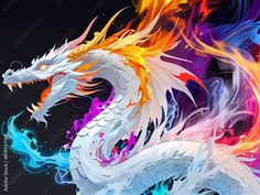 a white dragon with orange and blue flames