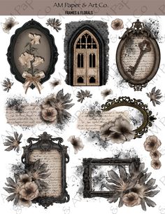 Gothic Frames & Florals Stickers Gothic Scrapbook Ideas, Journal Stickers Free Printable, Instagram Stickers Aesthetic, Printable Journal Stickers, Victorian Aesthetic Stickers, Aesthetic Journal Stickers, Stickers For Snapchat, Sticker For Scrapbook, Stickers Aesthetic Vintage