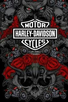 harley davidson cycles logo with skulls and roses on the back ground, in black background