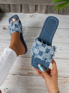 Women's Light Blue Square Toe Plaid Fabric Slippers, Summer Fashionable Casual Flat Sandals With Strap, Suitable For Outdoor Wear Baby Blue Fashionable        Women Shoes, size features are:Bust: ,Length: ,Sleeve Length: Female Slippers, Elegant Slippers, Denim Flats, Women Flat Sandals, Flat Slipper, Wide Fit Shoes, Flatform Sandals, Summer Flats, Flats Patterns