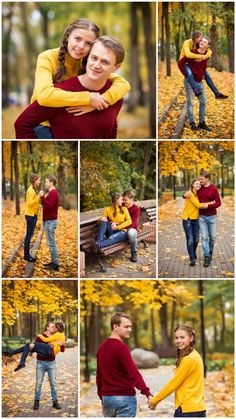 two people hugging each other in the park with autumn leaves on the ground and trees