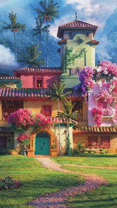 a painting of a house with pink flowers on the front and green door, surrounded by palm trees